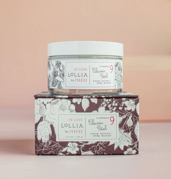 Jar and box of Lollia In Love Classic Petal Body Butter with monochromatic floral patterning