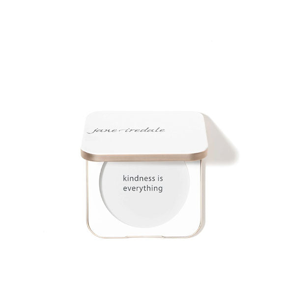 Square Jane Iredale compact with rounded corners says, "Kindness is everything" on its interior