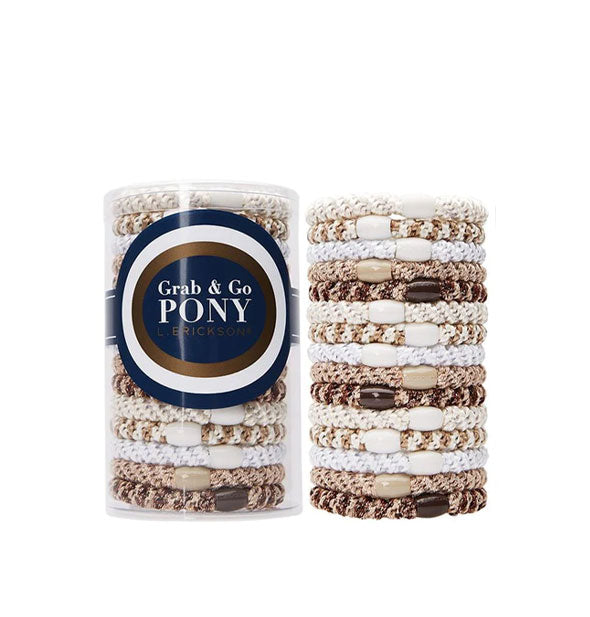 Grab & Go Pony woven hair ties in an assortment of brown and white shades and patterns, each with a decorative bead