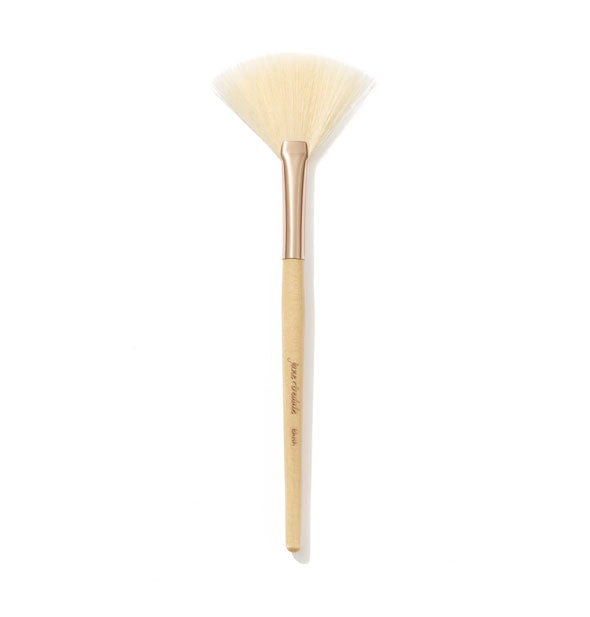 Jane Iredale White Fan Brush with wooden handle, gold ferrule, and white, fan-shaped bristle head