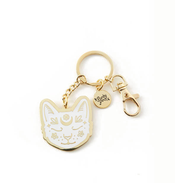 White enamel cat face keychain pendant features gold accents and hardware with claw clasp