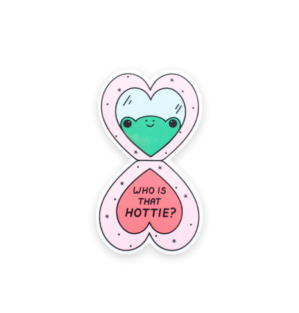 Sticker is shaped as an opened heart-shaped compact with a green frog's smiling reflection in the top mirror and the words, "Who is that hottie?" in the bottom pink makeup