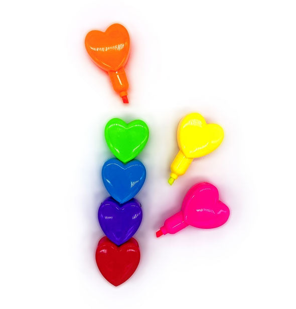 Heart-shaped markers in orange, green, blue, purple, red, yellow, and pink