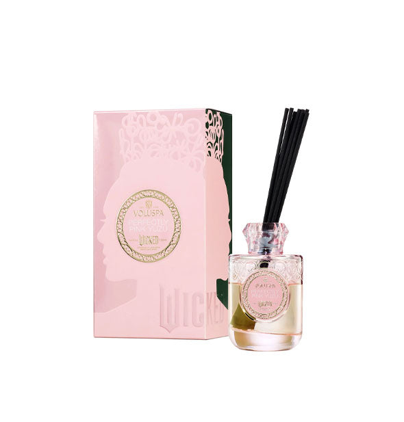 Embossed pink glass Wicked Perfectly Pink Yuzu Voluspa reed diffuser with matching box printed with Glinda's silhouetted profile