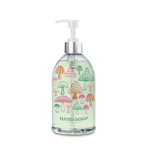 16.9 ounce bottle of liquid hand soap features a pattern of mushroom illustrations in orange, pink, and green