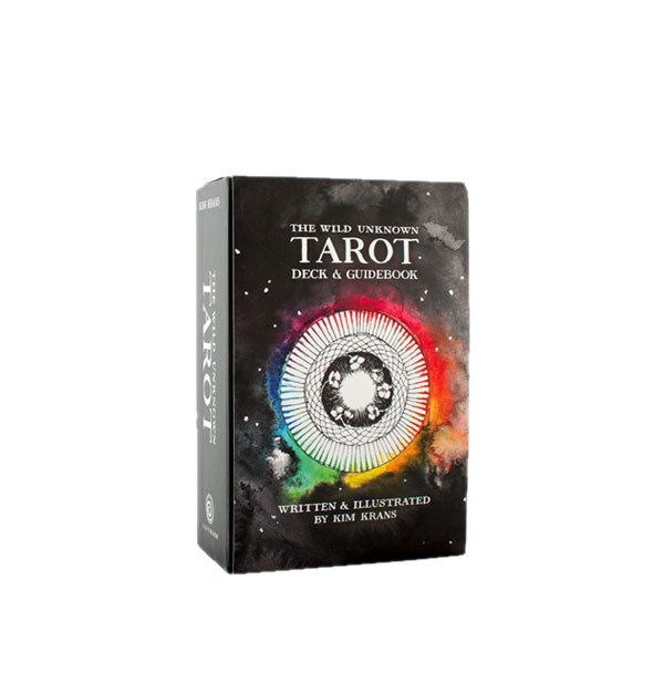 The Wild Unknown Tarot Deck & Guidebook box with central circular rainbow cosmic illustration