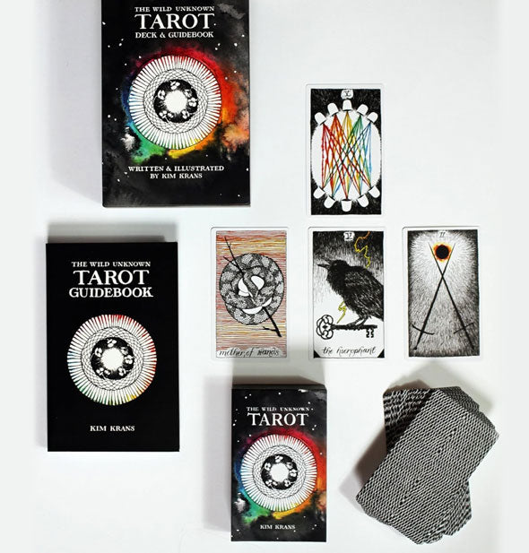 Contents of The Wild Unknown Tarot Deck & Guidebook: box, booklet, and sample cards