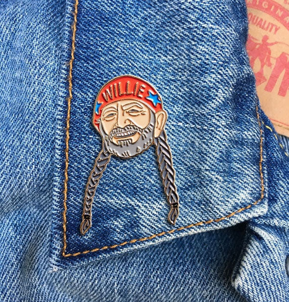Willie Nelson enamel pin on jean jacket lapel