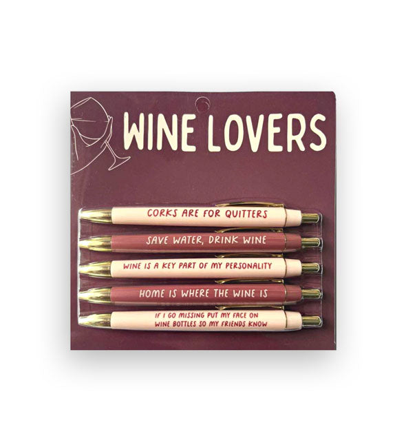 Pack of five alternating light and dark Wine Lovers pens printed with themed phrases