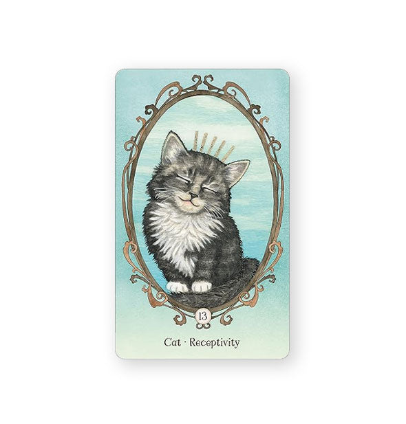 Cat - Receptivity oracle card with illustration of a gray and white tabby kitten appearing to smile inside a decorative oval frame