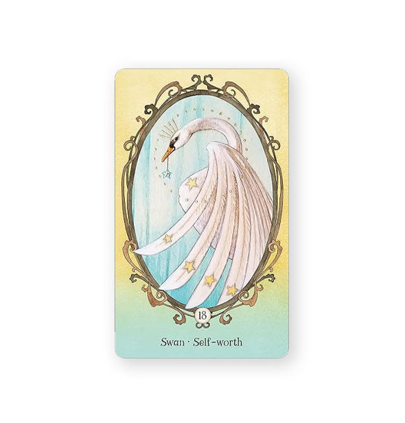 Swan - Self-worth oracle card features illustration of a white swan with spread wing accented by yellow stars inside a decorative oval frame