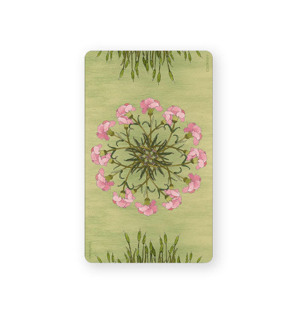 Oracle card back features radial illustration of pink flowers and green leaves on a green background with green leaves extending from the top and bottom