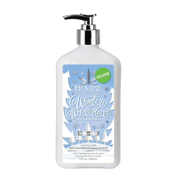 17 ounce bottle of Hempz Winter Wonderland Herbal Body Moisturizer with blue and white woodsy label motif and silver pump nozzle