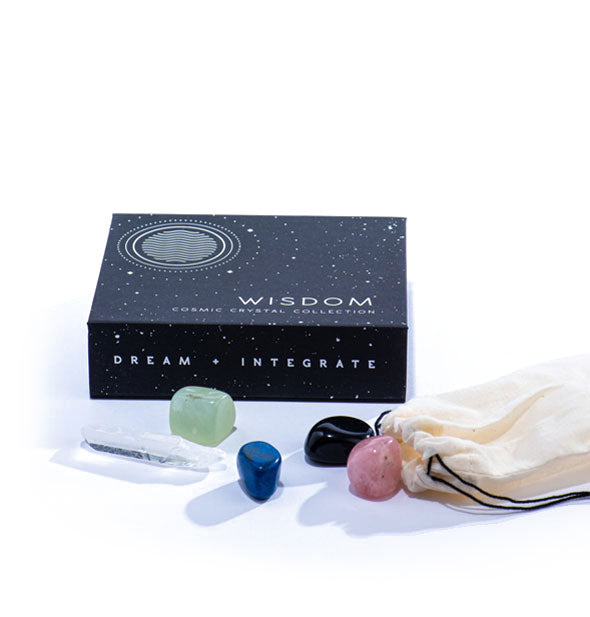 Black Wisdom Cosmic Crystal Collection box with crystals shown in the foreground