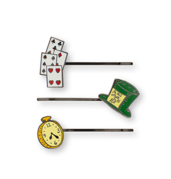 Playing cards, green Mat Hatter's hat, and White Rabbit's pocket watch decorative enamel hair pins