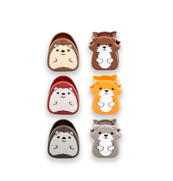 Set of six woodland animal bag clips: three hedgehogs and three foxes in varying colorations