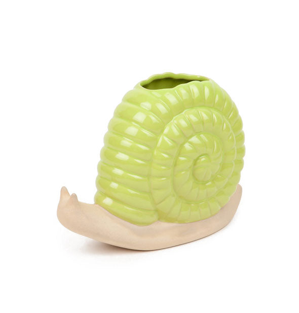 Cermic snail vase with tan body and ribbed green spiral shell