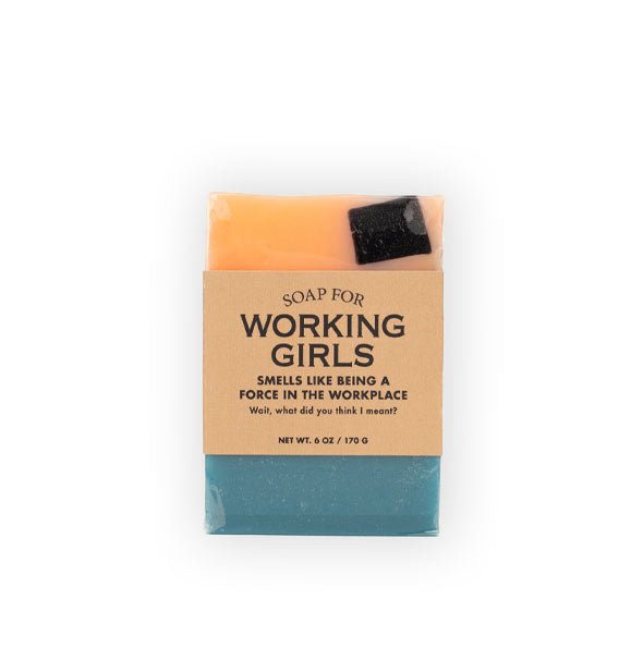 Bar of Soap for Working Girls (Smells Like Being a Force in the Workplace) is blue and orange with a rectangular black fleck and wrapped in brown paper with black lettering