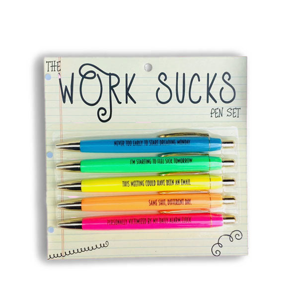 Pack of five Work Sucks pens in blue, green, yellow, orange, and pink with black lettering on each