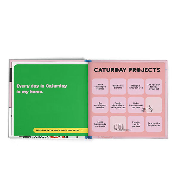 Page spread from Yeah, I'm a Cat Lady features a section titled, "Caturday Projects" with grid items below alongside a quote: "Every day is Caturday in my home."