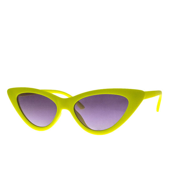 Pair of bright neon lime cat eye sunglasses with purplish-gray lenses