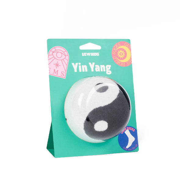 Teal pack of Yin Yang socks with clear bubble through which the black and white design is visible