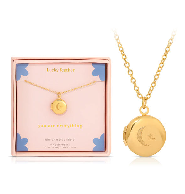 "You Are Everything" round gold engraved moon and stars locket necklace is shown in detail next to its gift box packaging