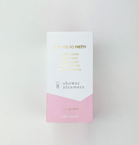 White and pink box of You Are So Pretty Shower Steamers with metallic gold foil lettering