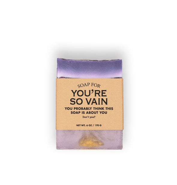 Bar of Soap for You're So Vain (You Probably Think This Soap Is About You) is purple with gold swirls and wrapped in brown paper with black lettering