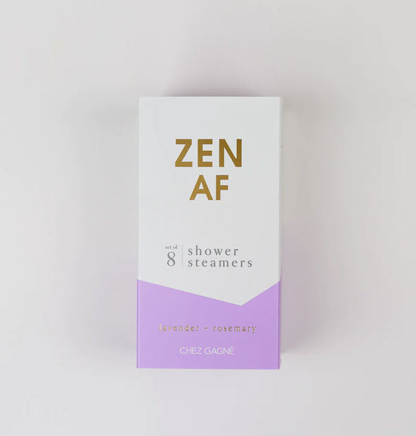 Purple and white box of Zen AF shower steamers with gold foil lettering
