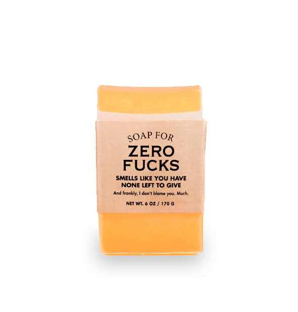 Bar of Soap for Zero Fucks (Smells Like You Have None Left to Give) is gold in color and wrapped in brown paper with black lettering