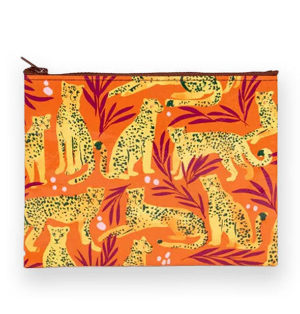 Rectangular orange zippered pouch features illustrations of yellow cheetahs amid dark red branches and small white spots