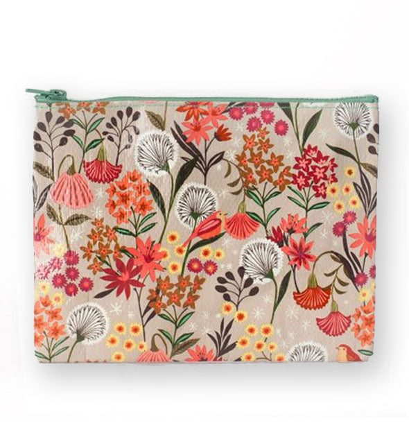 Rectangular pouch features colorful all-over wildflower illustrations on a beige background with sage green top zipper