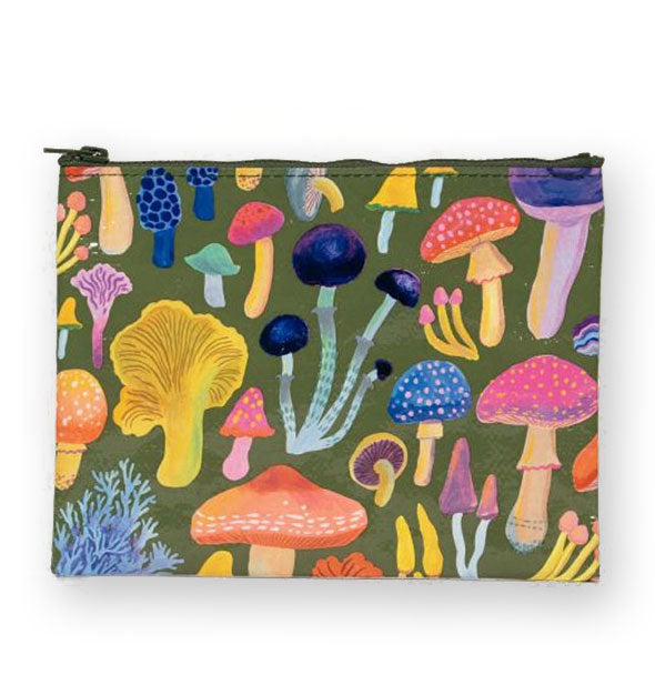 Rectangular pouch with dark green zipper features all-over colorful mushroom illustrations on a green background