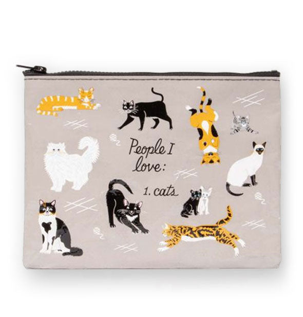 Beige pouch with illustrations of felines involved in various activities says, "People I love: 1. Cats"