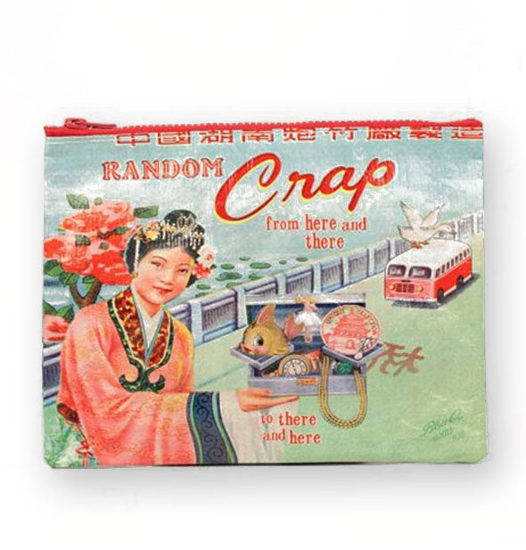 Rectangular pouch with red zipper features Chinese advertisement artwork and says, "Random crap from here and there to there and here"