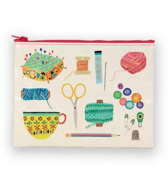 Rectangular white pouch with red zipper features colorful illustration of sewing implements: pincushion, bobbin, ball of yarn, scissors, buttons, thimble, teacup, etc.
