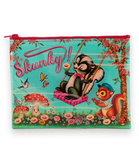 Rectangular pouch with red zipper features all-over colorful illustration of a red squirrel pushing a skunk on a swing with a pink plaid seat cover among a scene of flowers, mushrooms, birds, and butterflies. The word, "Skunky!" is at the top left in pink script lettering