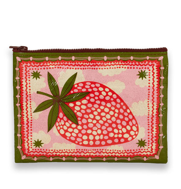 Rectangular pouch with top zipper features illustration of a large strawberry against a pink sky with white clouds backdrop accented by four green starbursts and a decorative red and green border