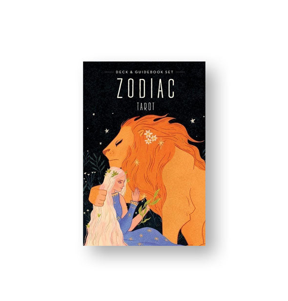 Deck of Zodiac Tarot cards with lion and maiden illustration on a black background