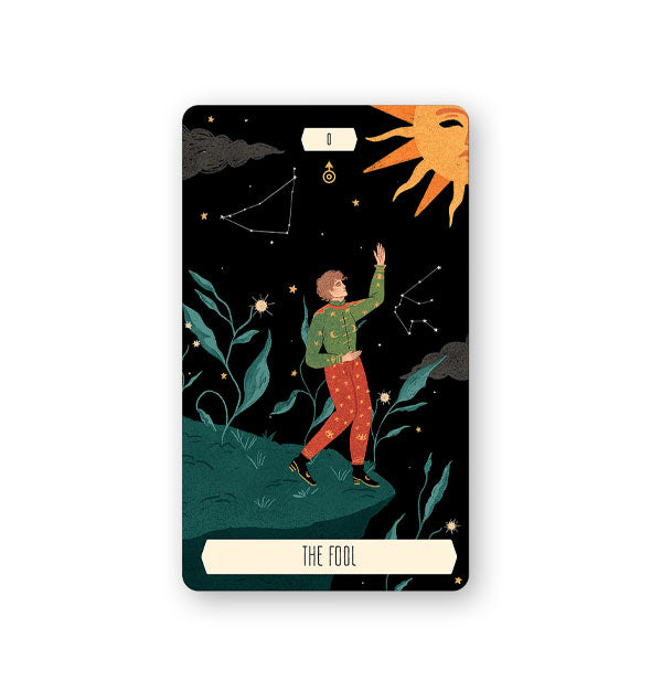 The Fool card from the Zodiac Tarot Deck features a colorful illustration on black background