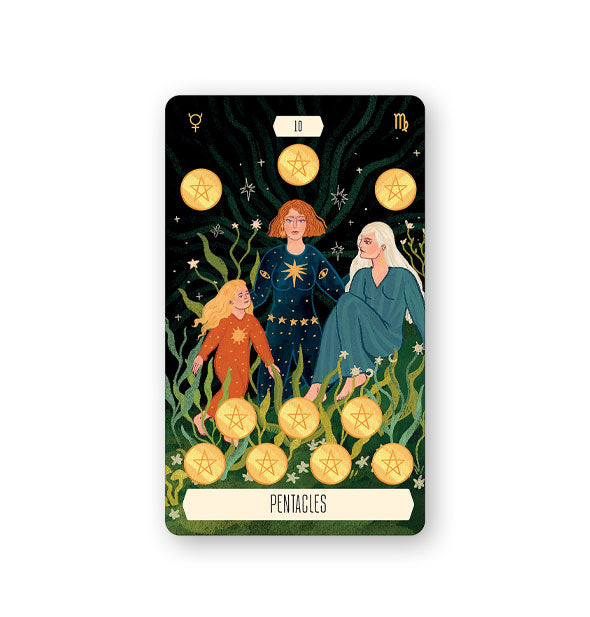 Pentacles card from the Zodiac Tarot Deck features a colorful illustration on black background