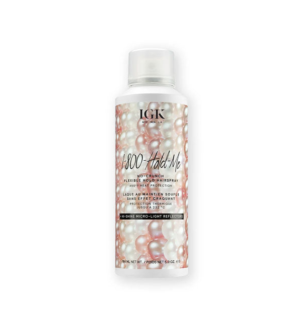 5 ounce can of IGK 1-800-Hold-Me No-Crunch Flexible Hold Hairspray with pink pearls design
