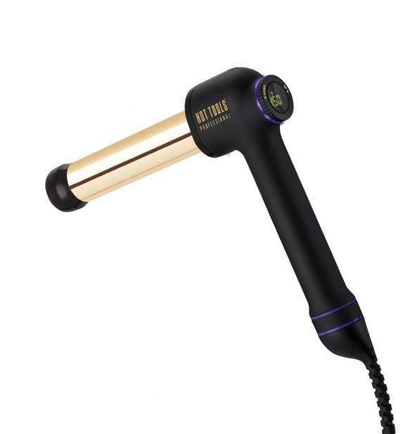 Hot Tools angled curling iron with digital readout dial is shown with a 1-1/4" barrel