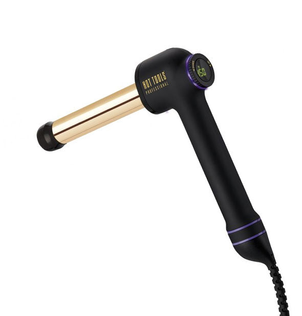 Hot Tools angled curling iron with digital readout dial is shown with a 1" barrel