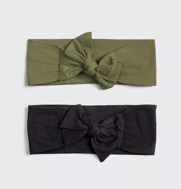 Two cotton headbands with tied bows in mossy green and black