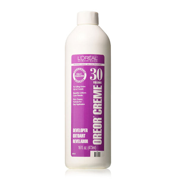 White and purple 16 ounce bottle of L'Oreal Oreor 30 Volume Creme Developer