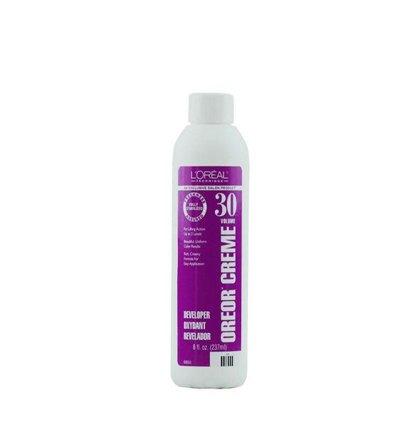 White and purple 8 ounce bottle of L'Oreal Oreor 30 Volume Creme Developer