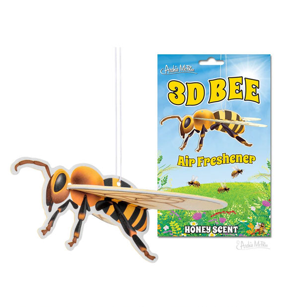 3D Bee Air Freshener shaped like a honey bee hangs from a string alongside its packaging