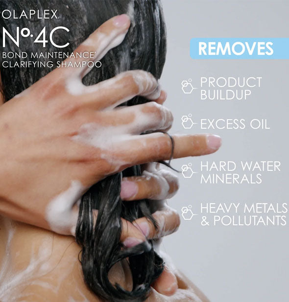 Model's hands in hair with Olaplex No. 4C Bond Maintenance Clarifying Shampoo lather is captioned, "Removes product buildup, excess oil, hard water minerals, heavy metals & pollutants"